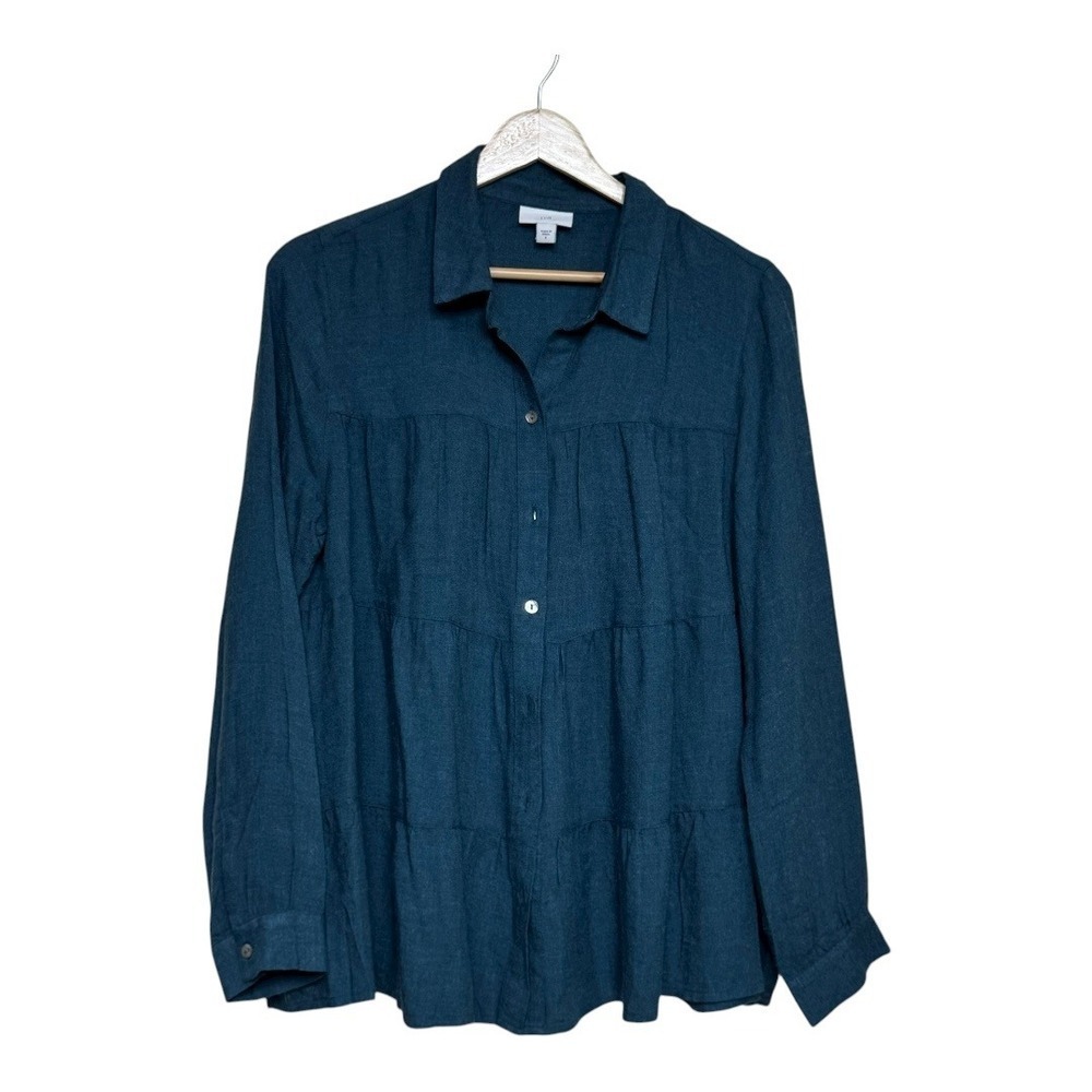 J Jill Teal Blue Tiered Button Down Long Sleeve Shirt Size S